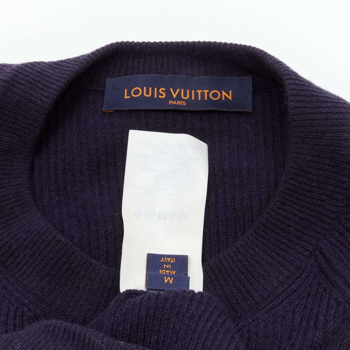 LOUIS VUITTON blue white LV logo trim navy wool cashmere raglan sweater M For Sale 2