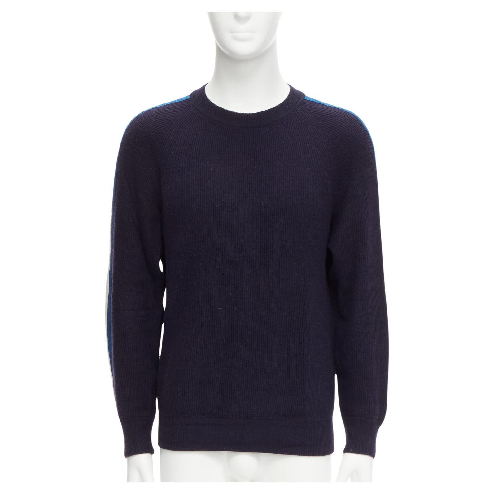 LOUIS VUITTON blue white LV logo trim navy wool cashmere raglan sweater M For Sale