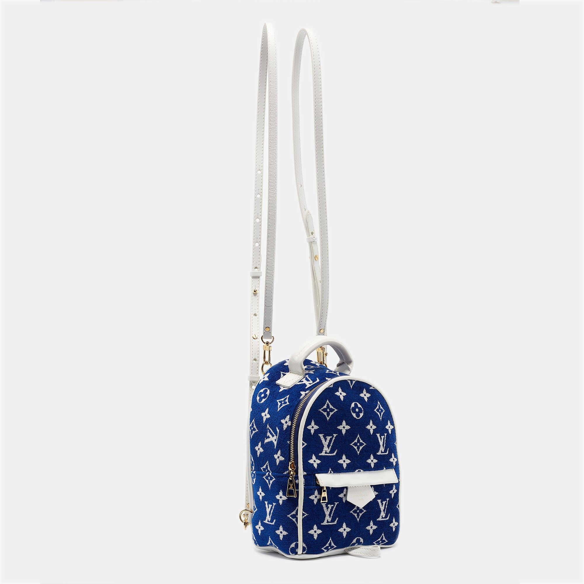 Gray Louis Vuitton Blue/White Monogram Velvet and Leather Palm Springs Backpack For Sale