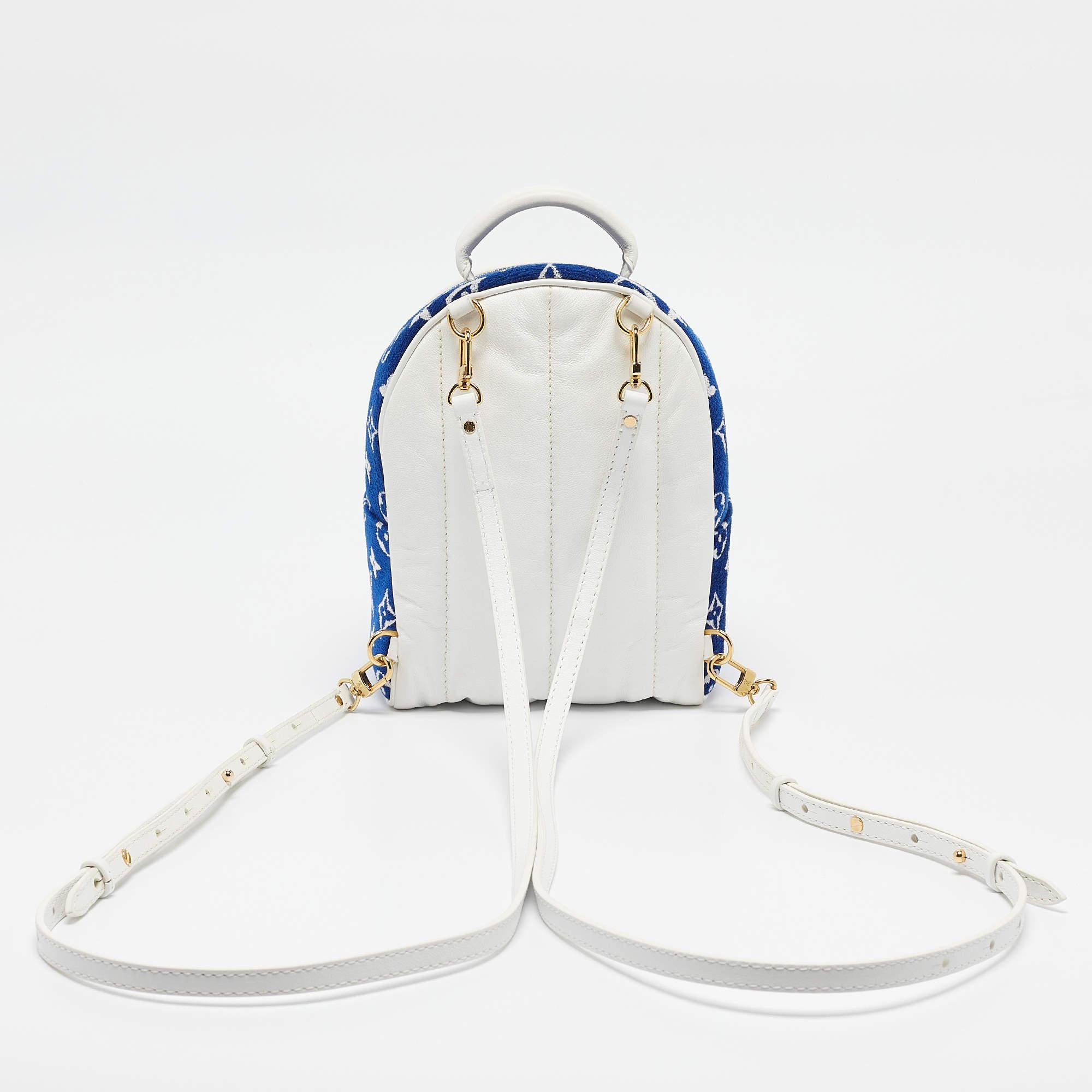 Louis Vuitton Blue/White Monogram Velvet and Leather Palm Springs Backpack In Good Condition For Sale In Dubai, Al Qouz 2