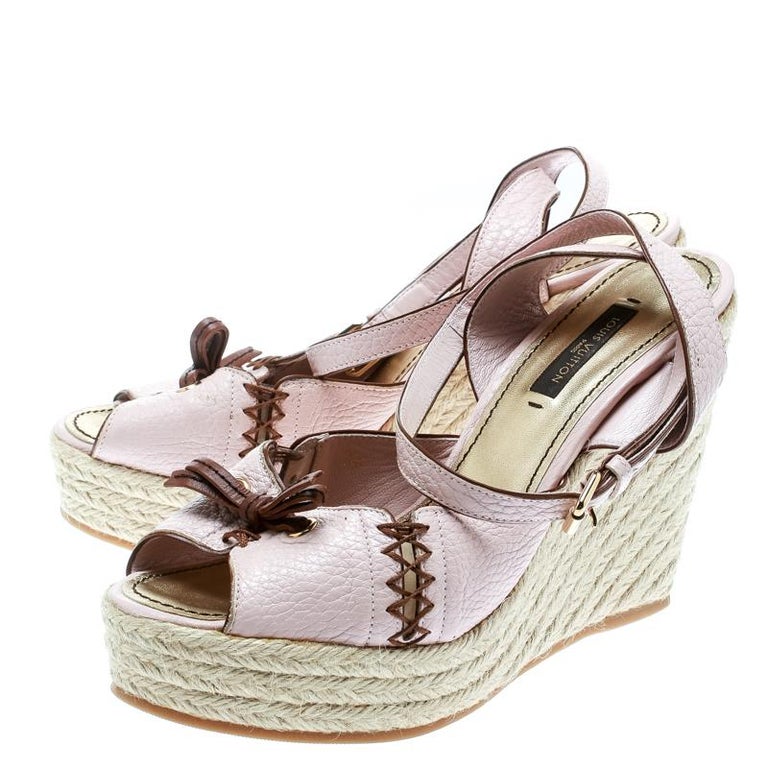 Louis Vuitton Blush Pink Leather Ankle Strap Espadrilles Wedge Sandals