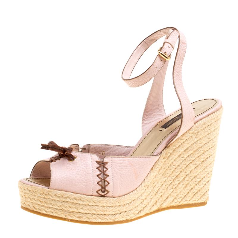 Louis Vuitton Blush Pink Leather Manyara Ankle Strap Espadrilles Wedges Sandals 