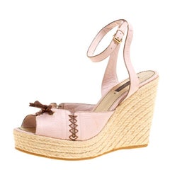 Louis Vuitton Blush Pink Leather Manyara Ankle Strap Espadrilles Wedges Sandals 