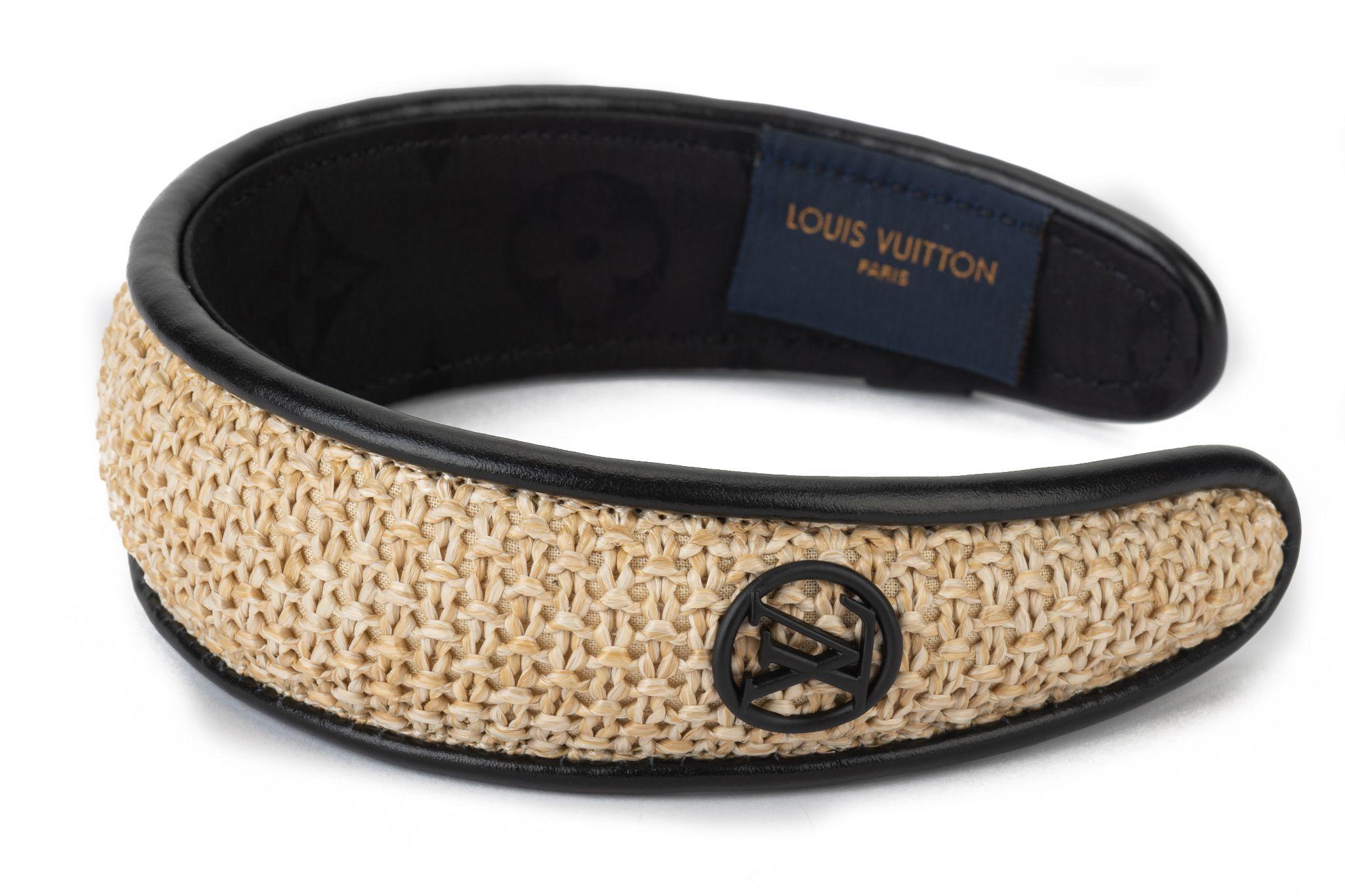 Louis Vuitton brand new black leather and raffia headband, round LV logo. One size fits all. Comes with tag, original dust cover and box.
