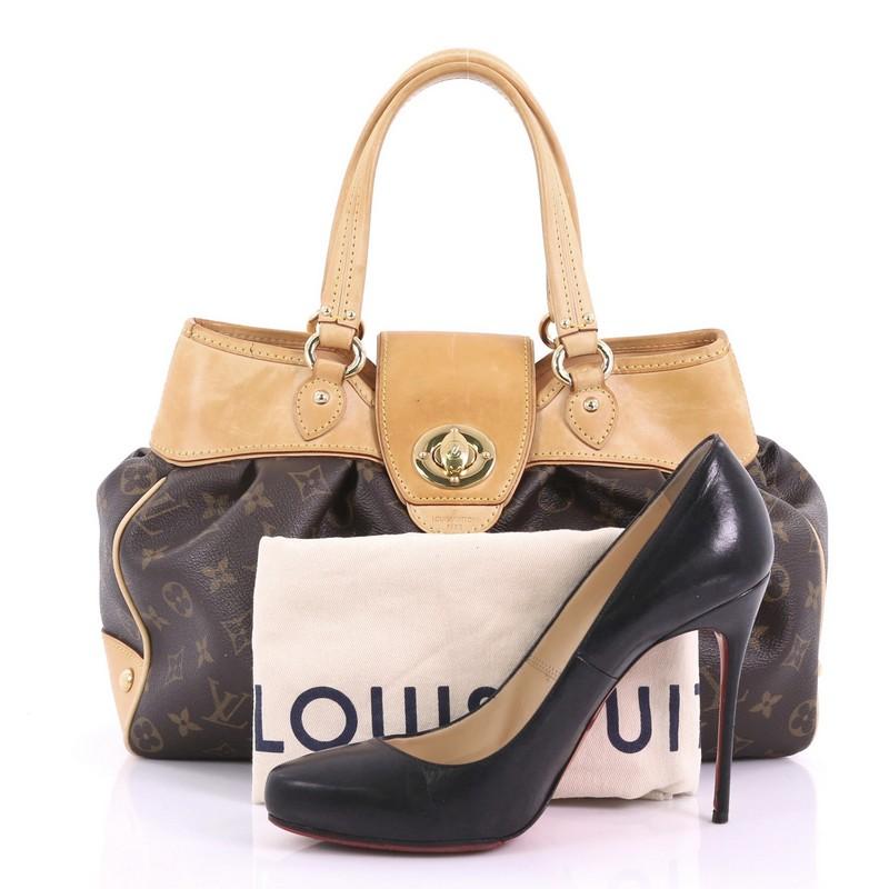 This Louis Vuitton Boetie Handbag Monogram Canvas PM, crafted from brown monogram coated canvas, features dual padded flat leather handles, pleated details, and gold-tone hardware. Its turn-lock and zip closure opens to a beige microfiber interior