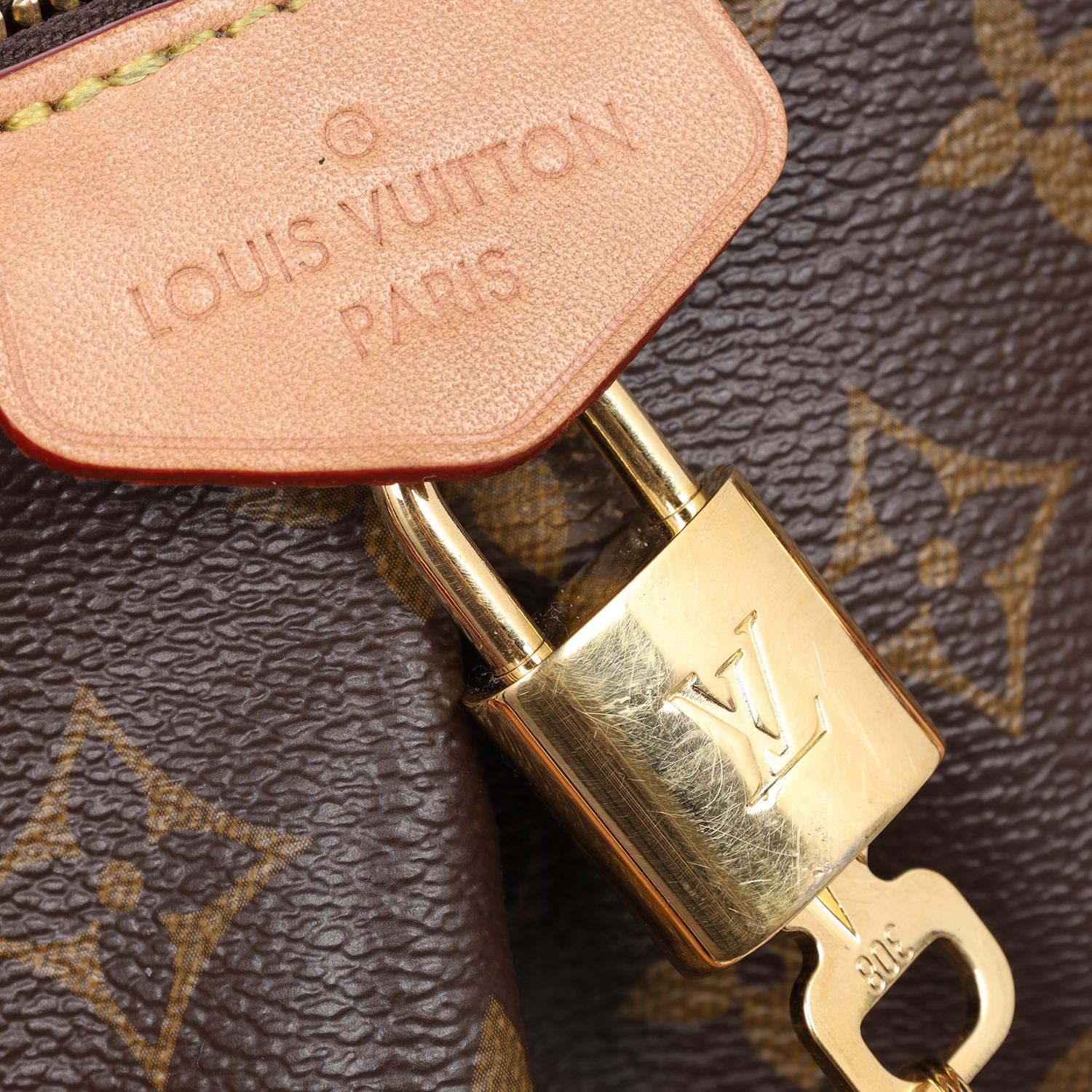 Authentic, pre-owned Louis Vuitton Boetie Monogram Canvas Crossbody Bag. Features monogram canvas with leather calfskin leather handles and strap, zipper top closure, textile interior lining with two slip pockets, gold-tone hardware.

Strap drop 5