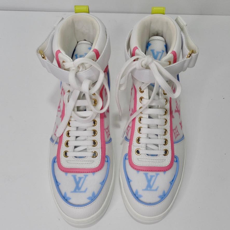 Do not miss out on these incredible brand new Louis Vuitton monogram high top sneakers! White leather is contrasted by the most gorgeous pastel shades of pink and blue signature Louis Vuitton monogram completed with orange and yellow accents as well