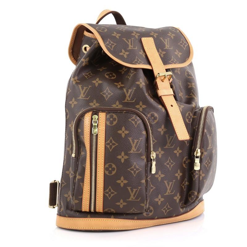 This Louis Vuitton Bosphore Backpack Monogram Canvas, crafted from brown monogram coated canvas, features exterior front zip pockets, dual adjustable canvas straps, vachetta leather trim, and gold-tone hardware. Its top flap with belt and drawstring