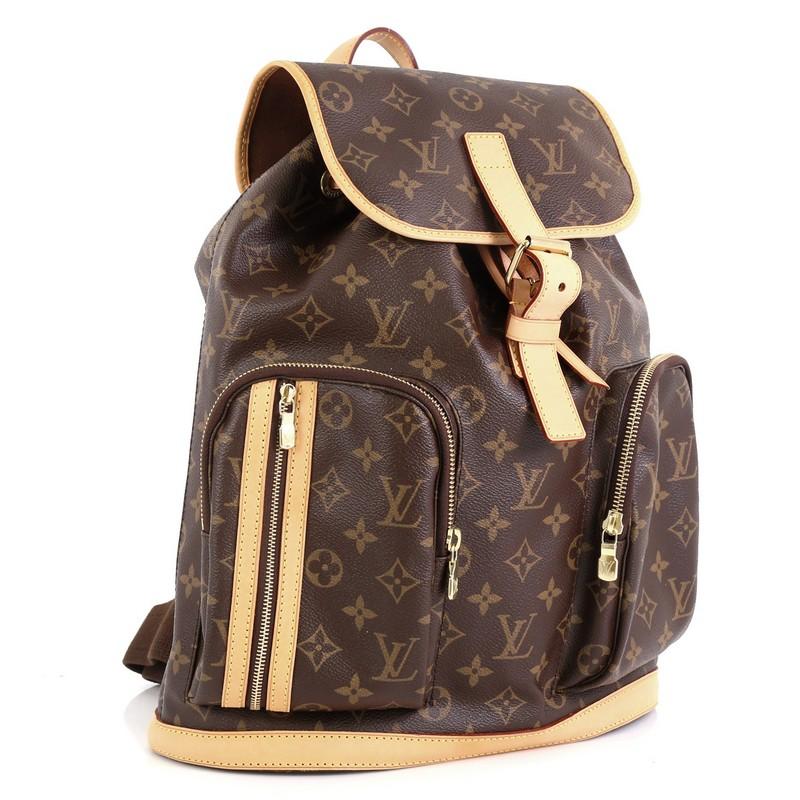 This Louis Vuitton Bosphore Backpack Monogram Canvas, crafted from brown monogram coated canvas, features exterior front zip pockets, dual adjustable canvas straps, vachetta leather trim, and gold-tone hardware. Its top flap with belt and drawstring