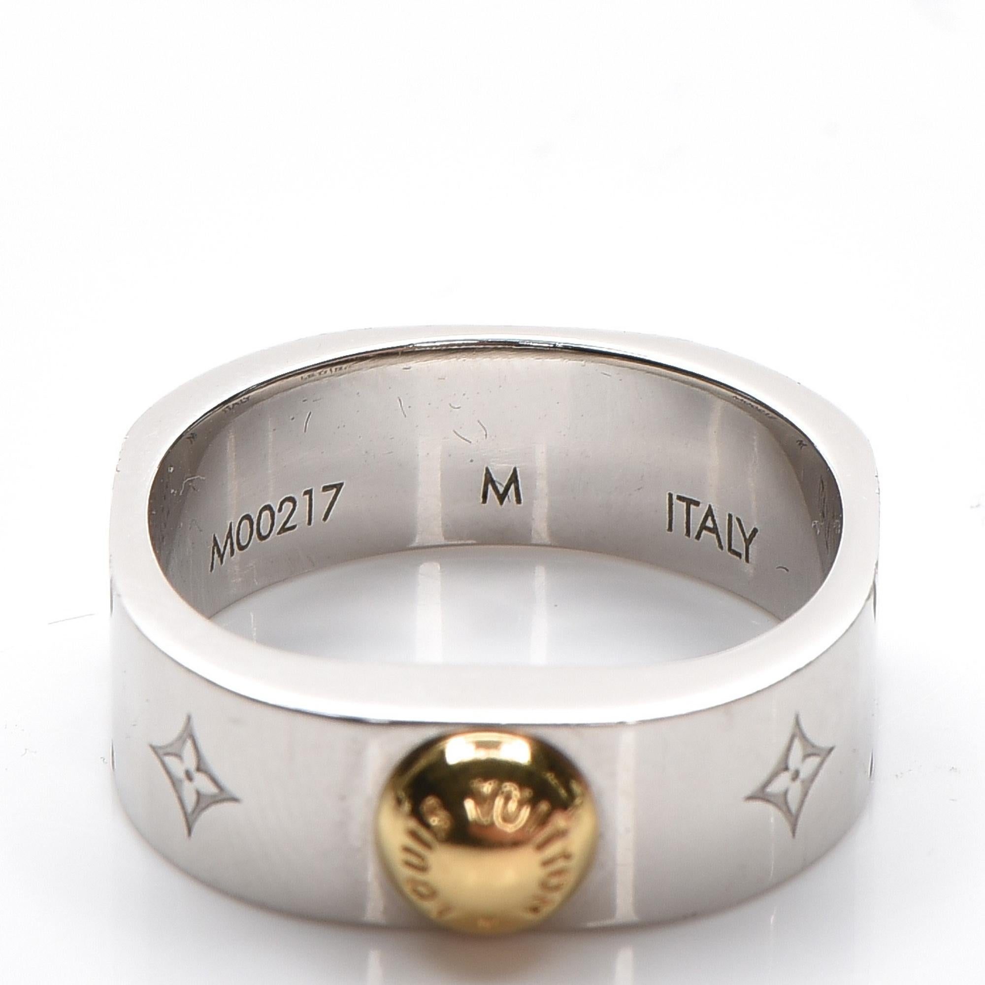 Women's or Men's Louis Vuitton Brass Monogram Engraved Nanogram Ring M Palladium For Sale