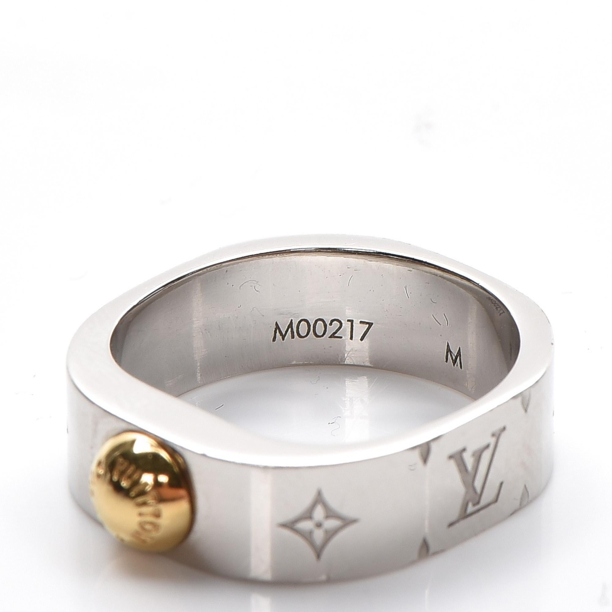 Louis Vuitton Brass Monogram Engraved Nanogram Ring M Palladium For Sale 1