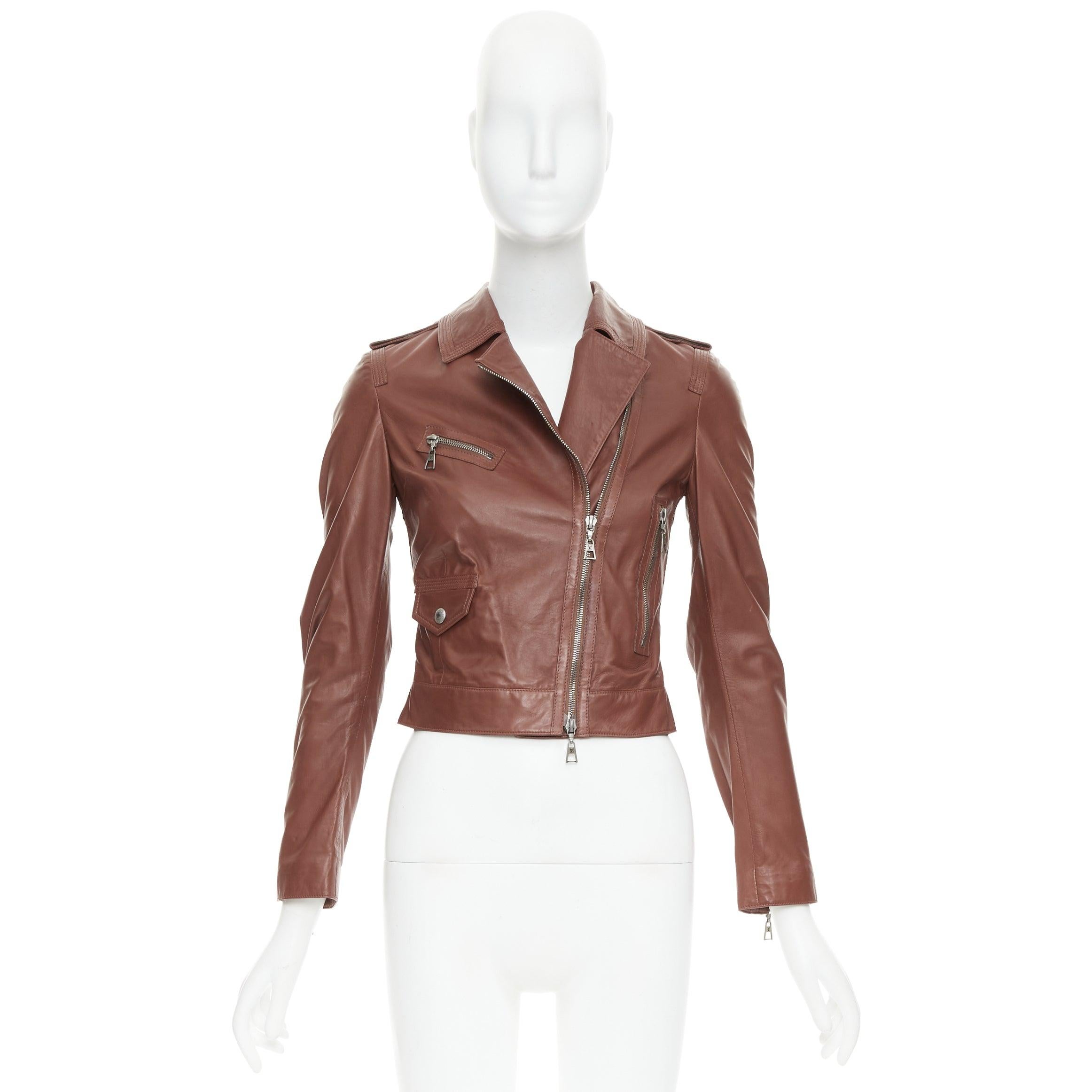 LOUIS VUITTON brick brown lambskin leather crop moto biker jacket FR34 XS For Sale 5