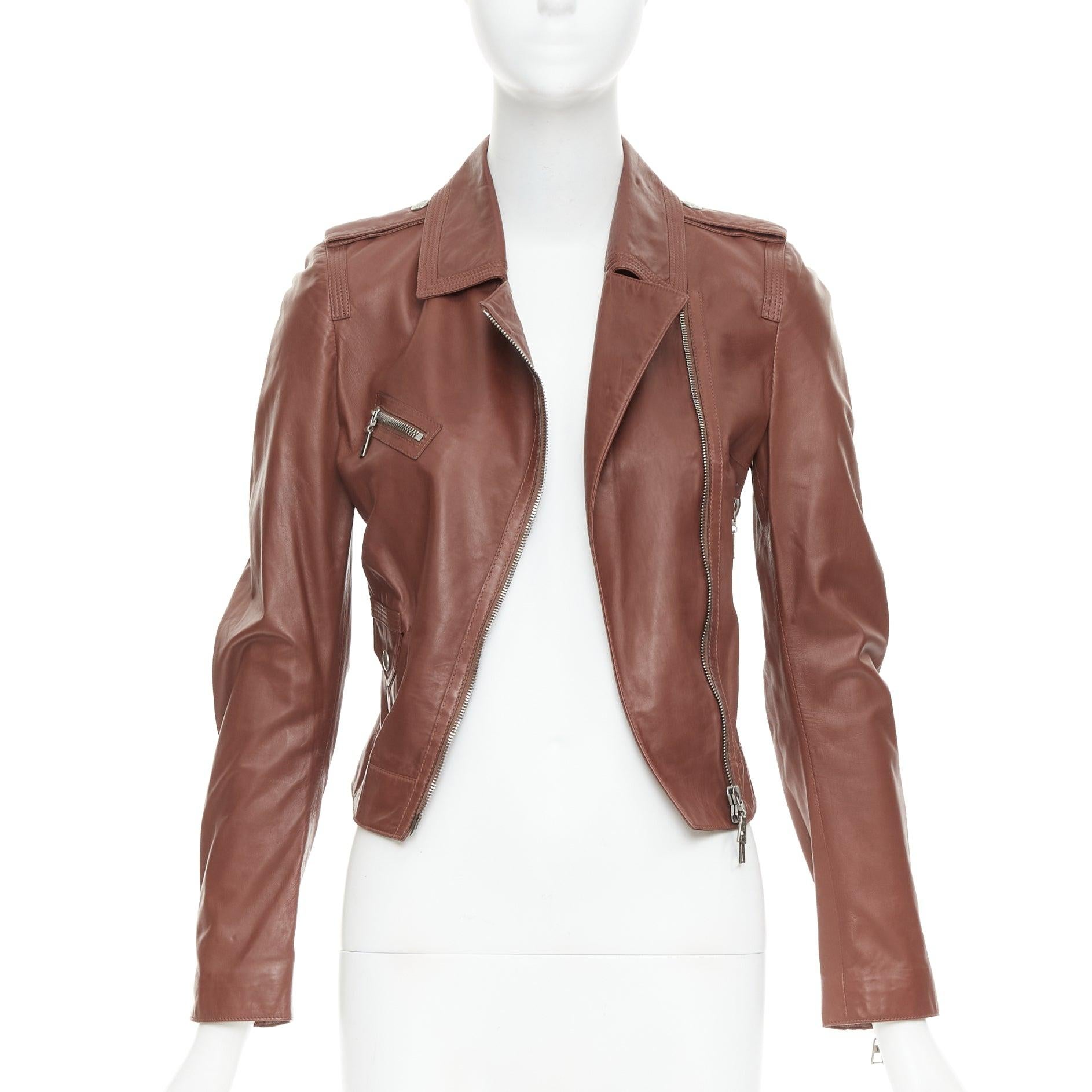 Brown LOUIS VUITTON brick brown lambskin leather crop moto biker jacket FR34 XS For Sale