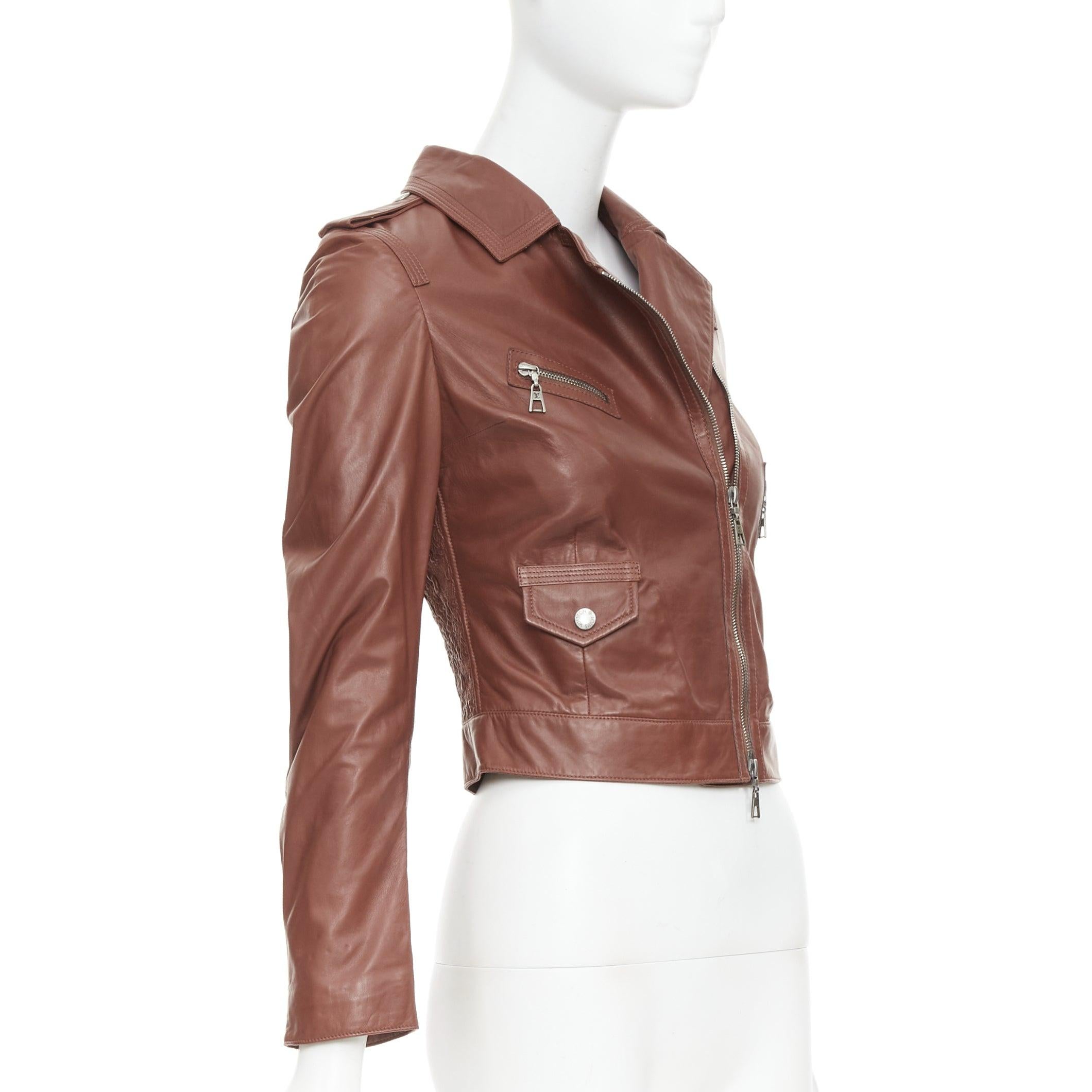 LOUIS VUITTON brick brown lambskin leather crop moto biker jacket FR34 XS In Good Condition For Sale In Hong Kong, NT