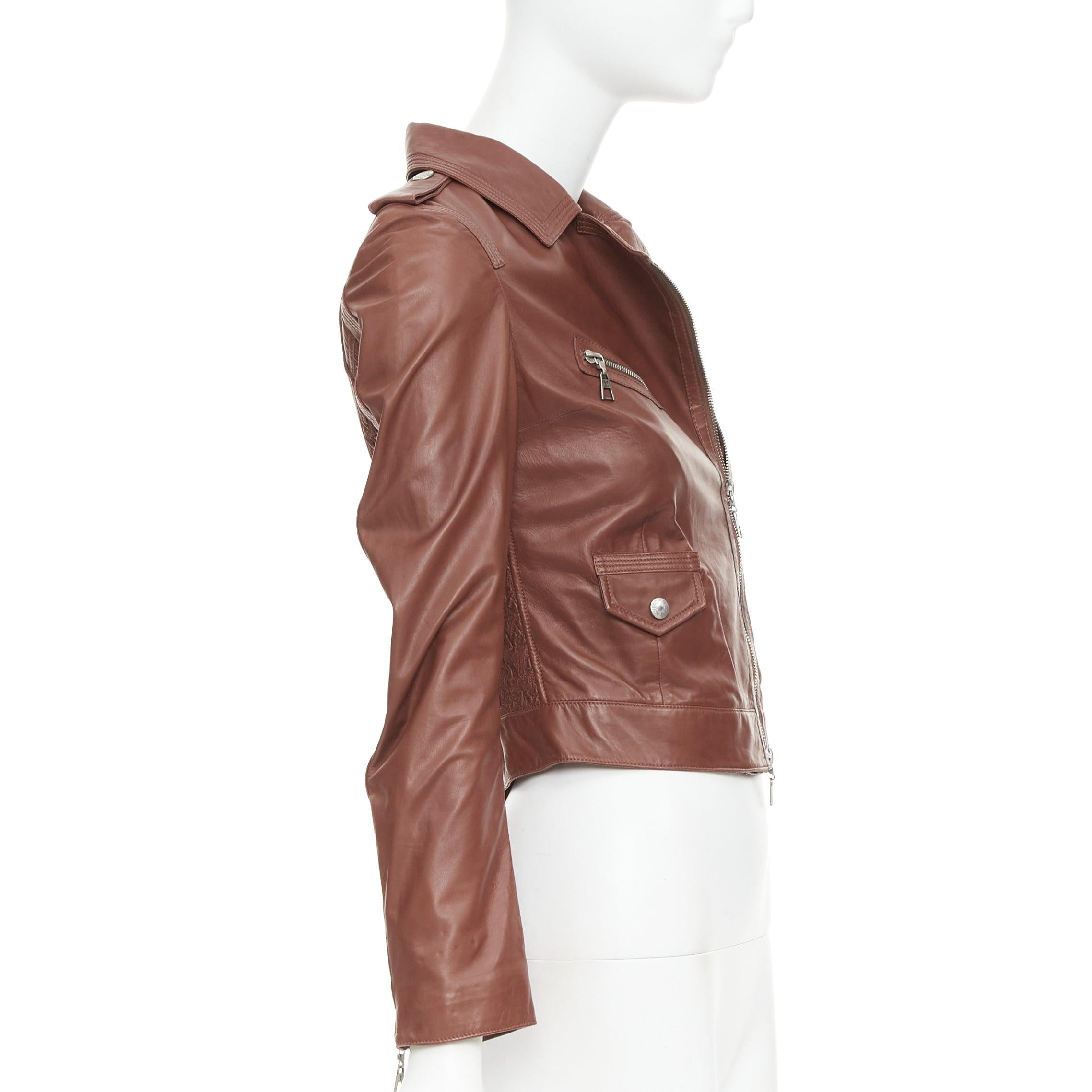 Women's LOUIS VUITTON brick brown lambskin leather crop moto biker jacket FR34 XS For Sale