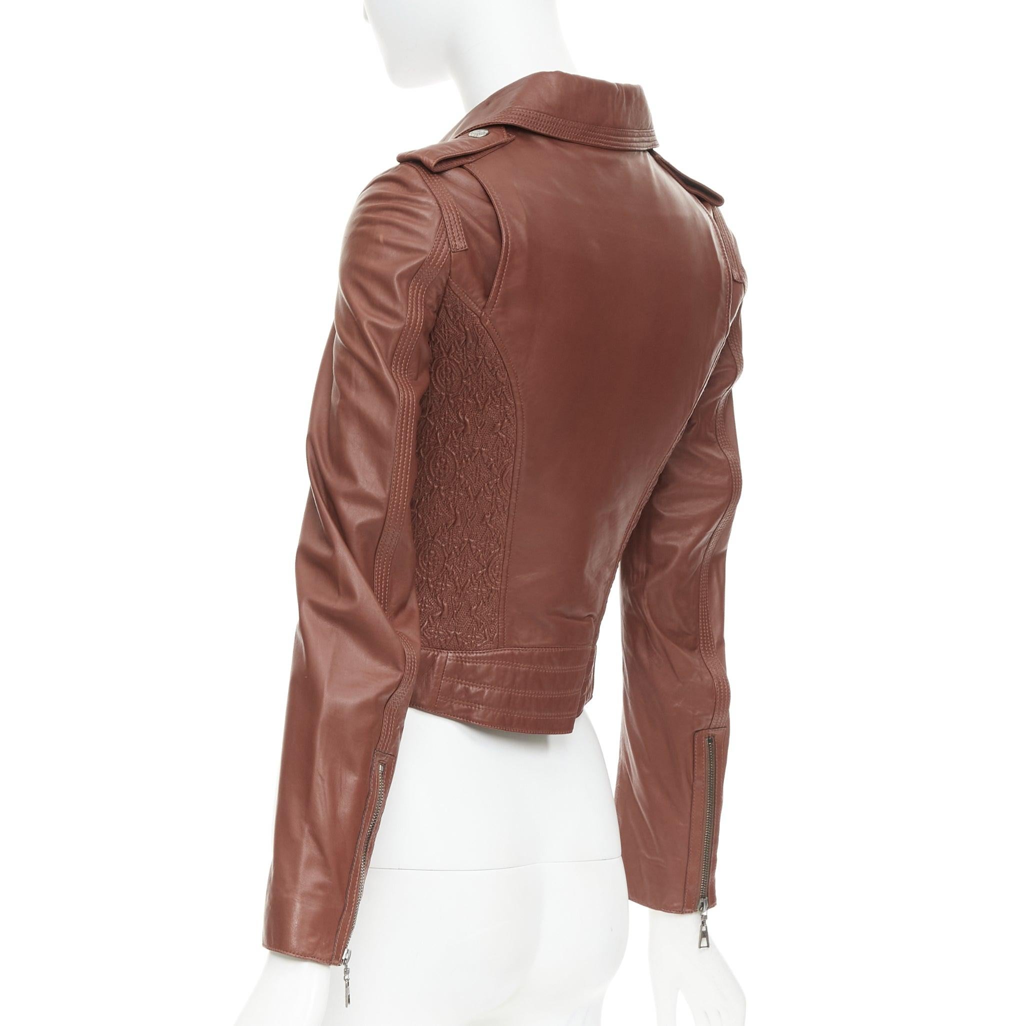 LOUIS VUITTON brick brown lambskin leather crop moto biker jacket FR34 XS For Sale 2