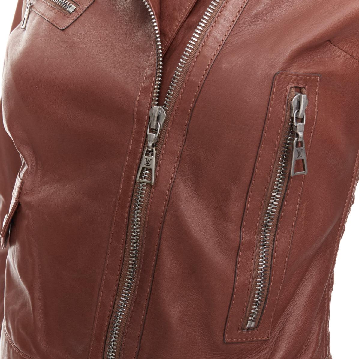 LOUIS VUITTON brick brown lambskin leather crop moto biker jacket FR34 XS For Sale 3