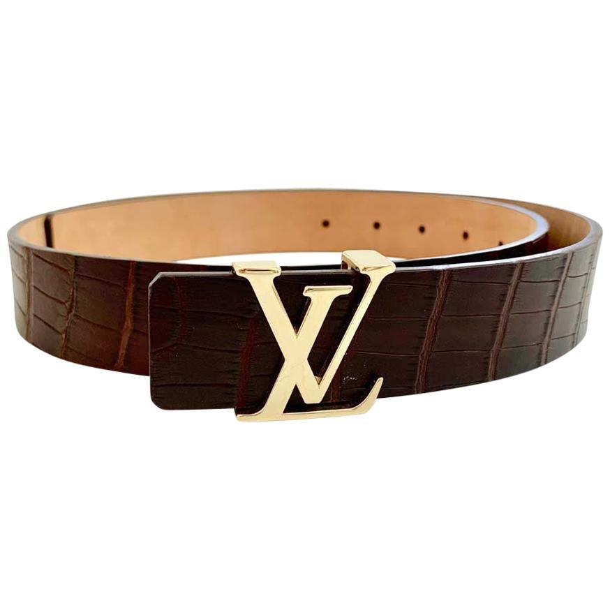 Louis Vuitton Brown Alligator LV Gold Tone Logo Belt  