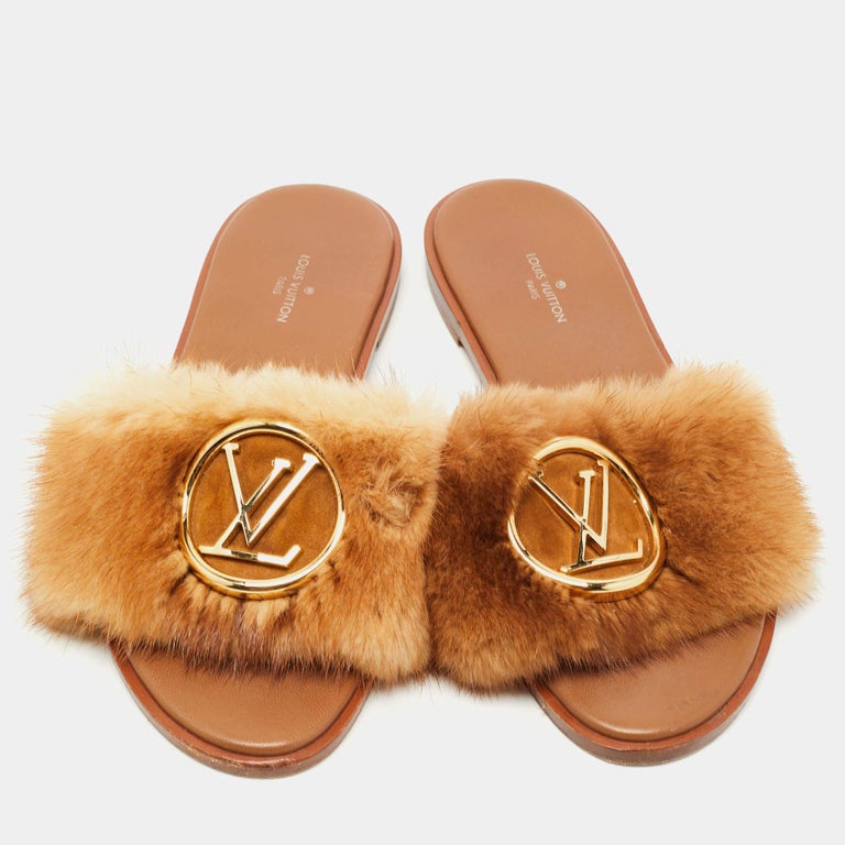 Louis Vuitton Brown/Beige Fur Lock It Sandals Size 36 For Sale at