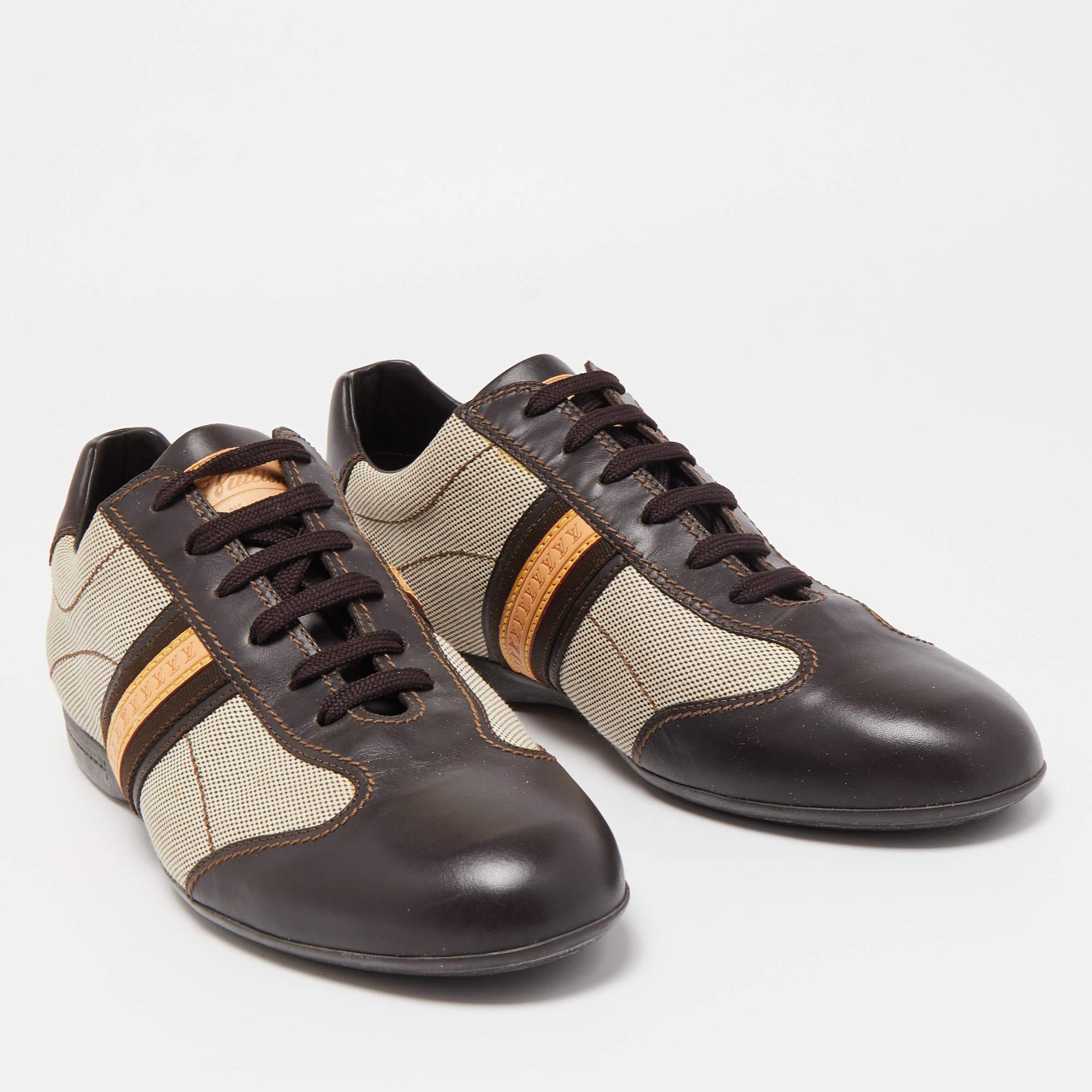 Gray Louis Vuitton Brown/Beige Leather And Canvas Low Top Sneakers