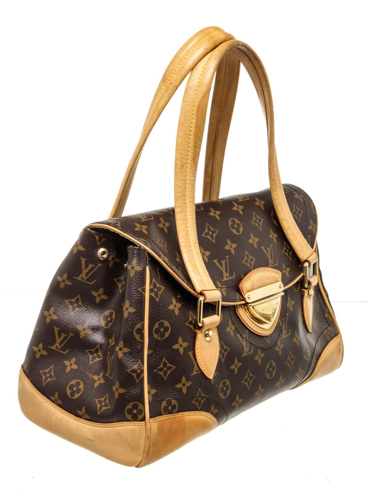 Louis Vuitton Brown Monogram Beverly GMÂ Shoulder Bag with monogram canvas, gold-toneÂ hardware, tan vachetta leather trim,Â top handle, leather shoulderÂ strap, and zipperÂ closure.

47409MSC