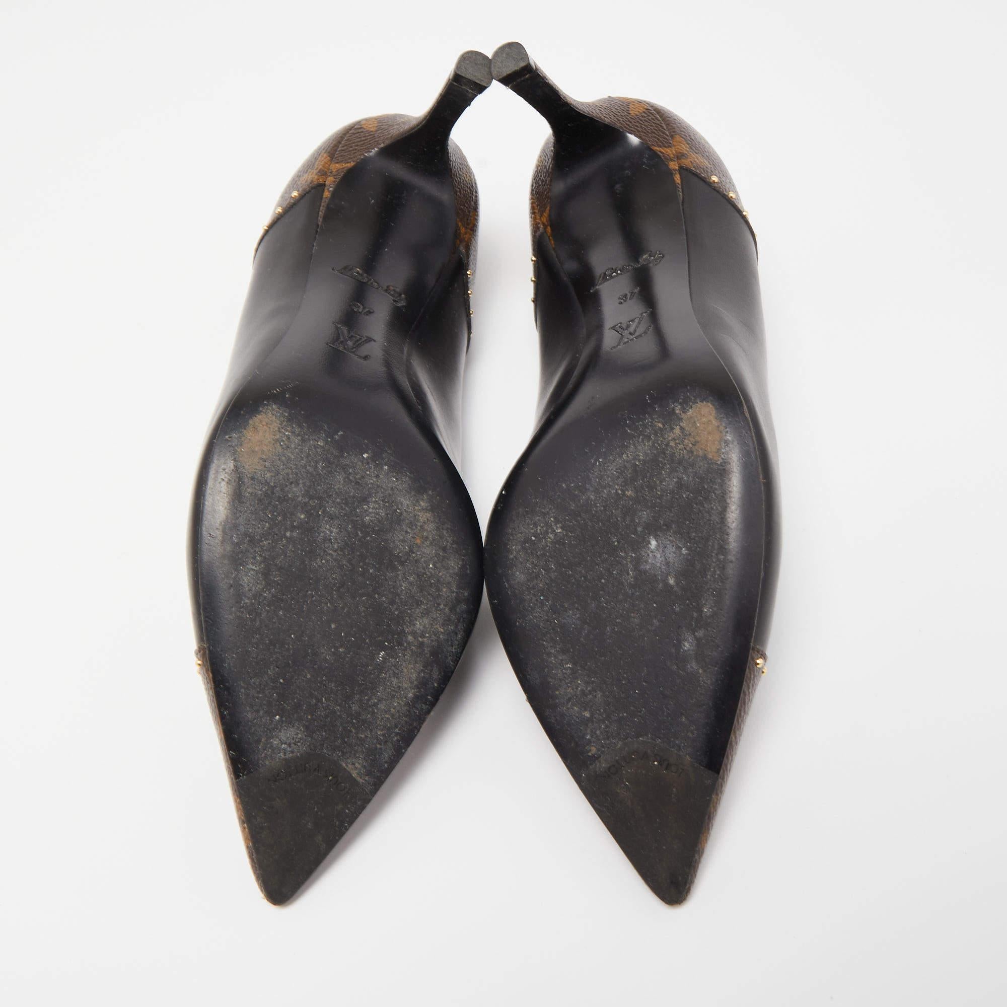 Louis Vuitton Brown/Black Leather and Monogram Canvas Studded Cap Toe Pumps 3