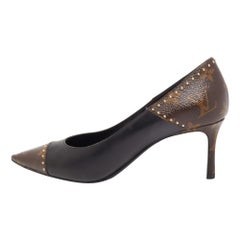 Louis Vuitton Brown/Black Leather and Monogram Canvas Studded Cap Toe Pumps