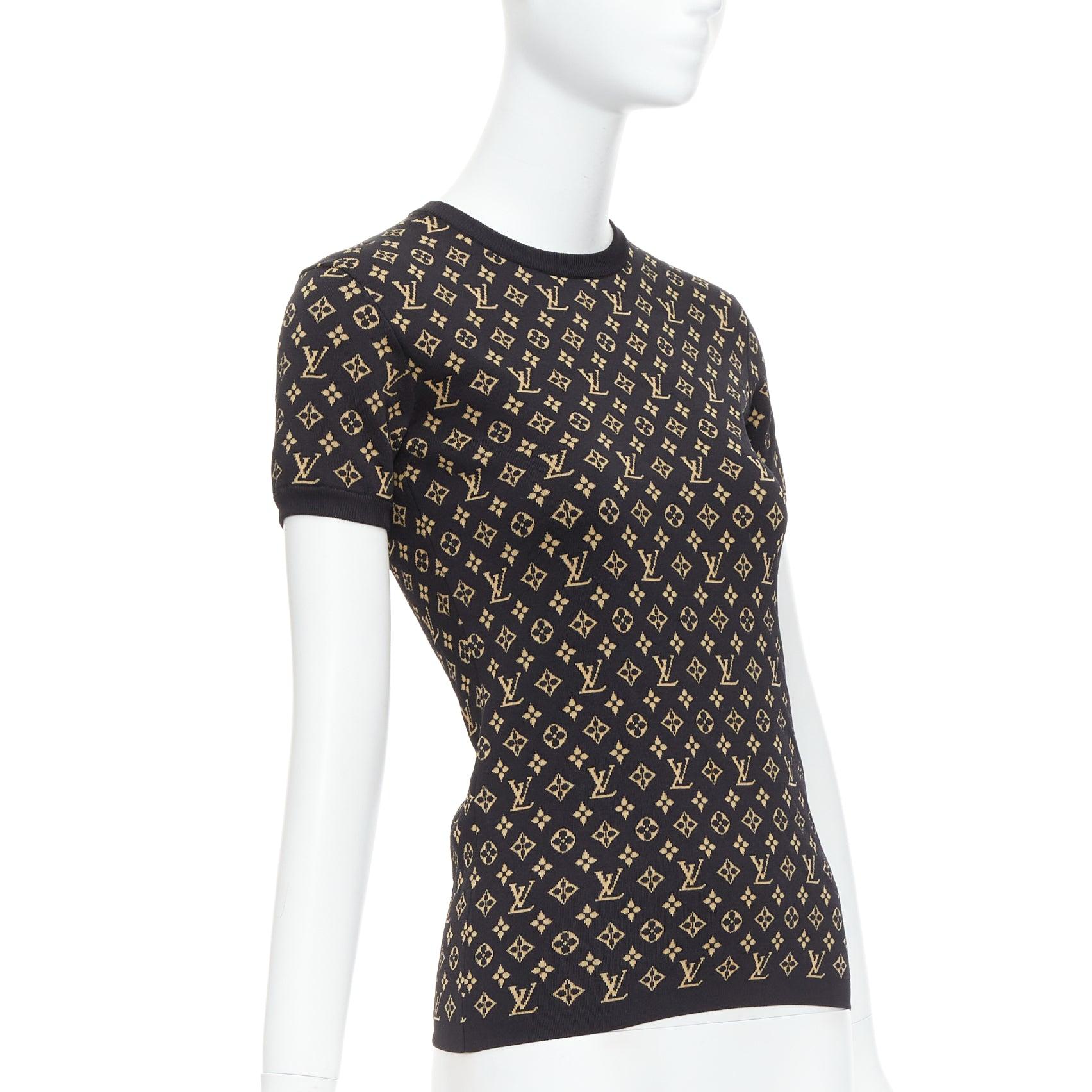 Black LOUIS VUITTON brown black LV monogram jacquard knit tshir top XS