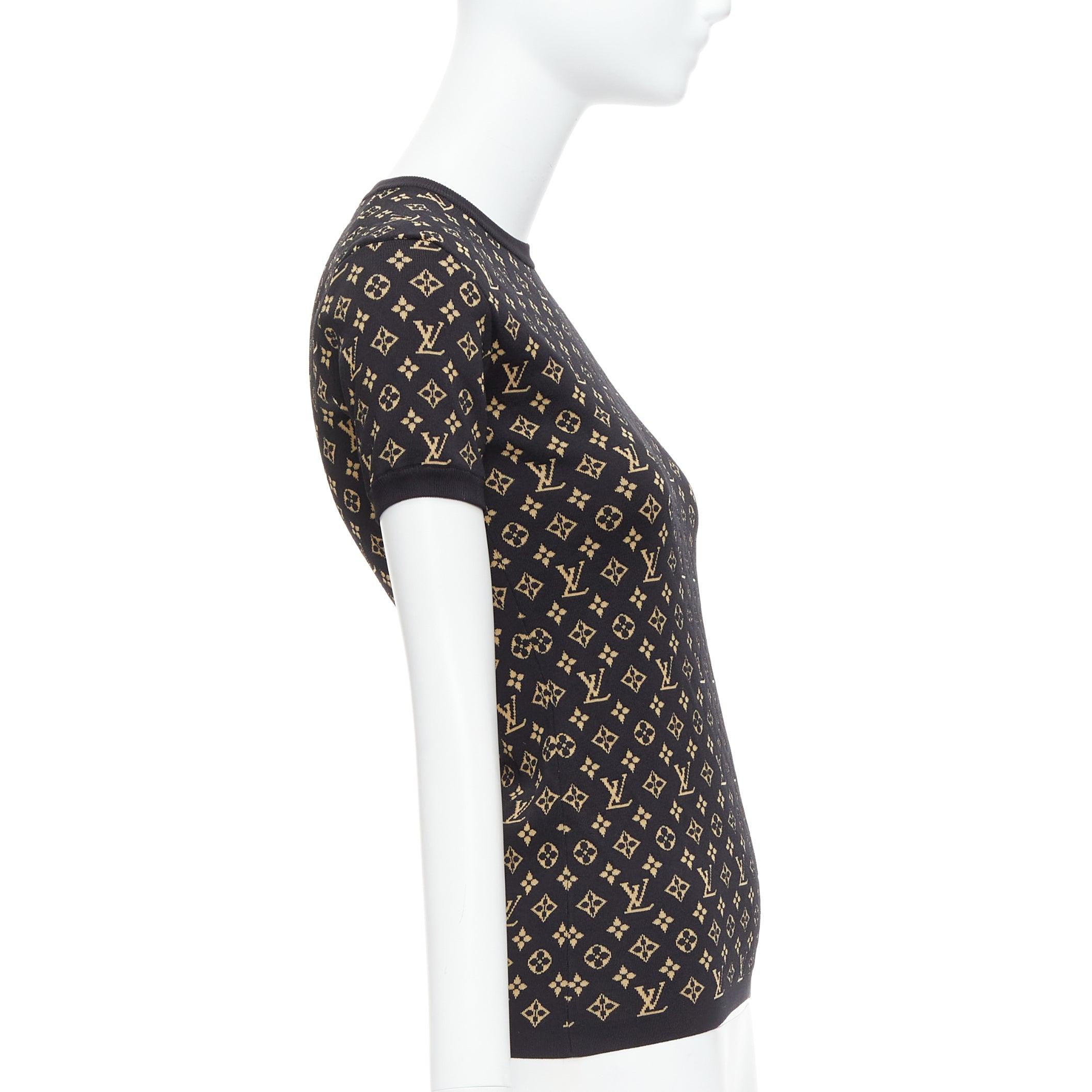 LOUIS VUITTON brown black LV monogram jacquard knit tshir top XS In Excellent Condition In Hong Kong, NT