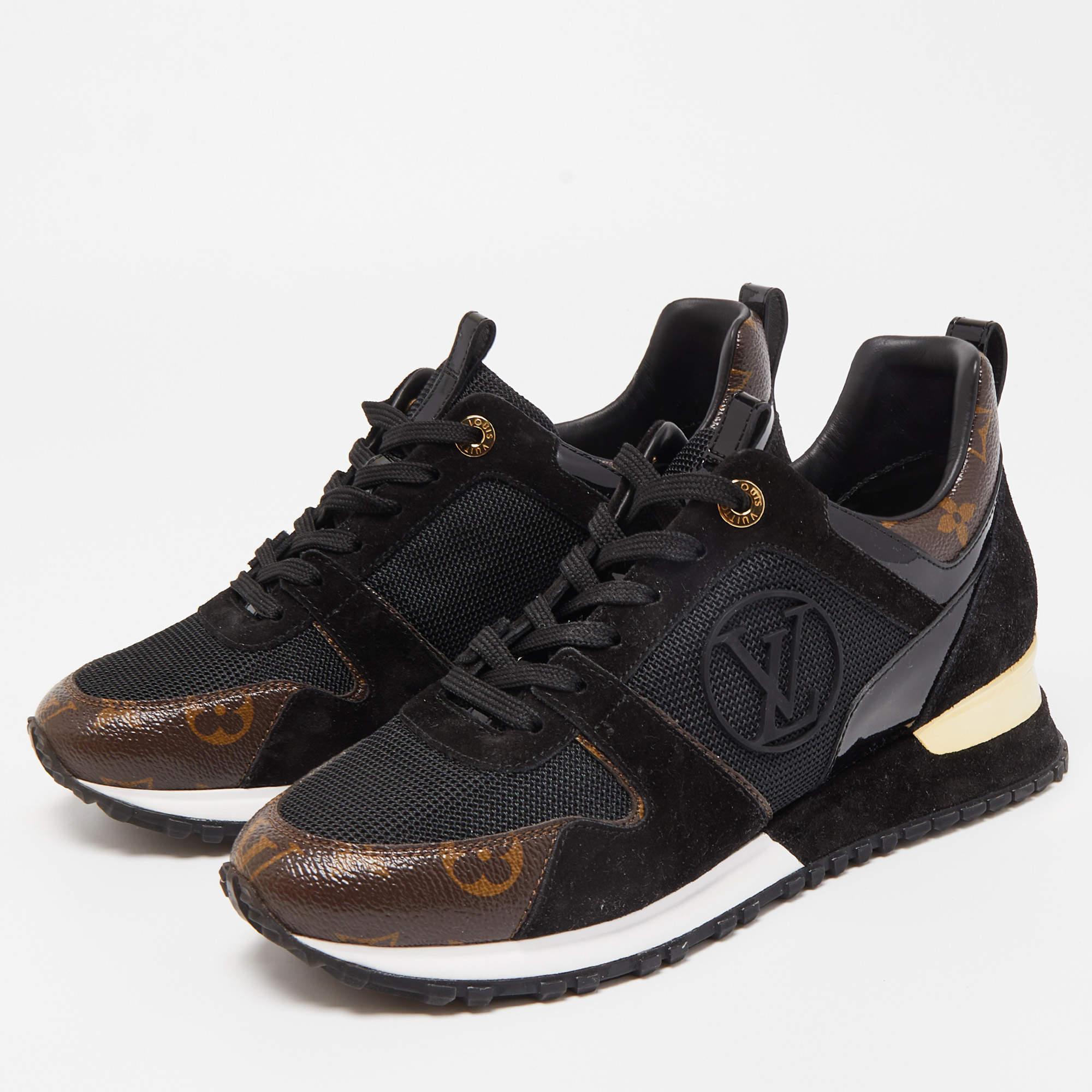 The Louis Vuitton Run Away sneakers are a luxurious blend of fashion and function. These high-end sneakers feature the iconic LV monogram canvas combined with premium black leather accents. With a sleek and modern design, they offer comfort and
