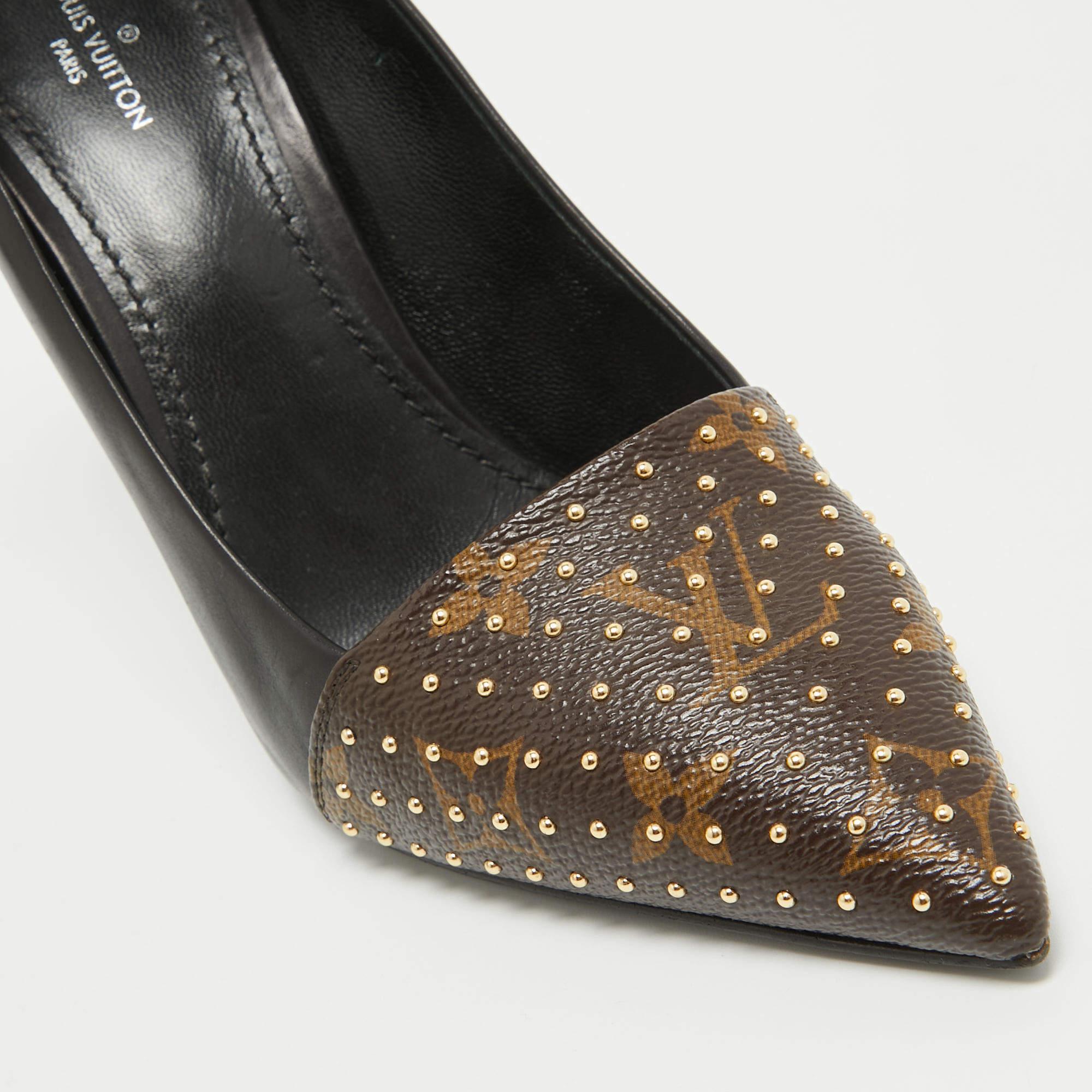 Women's Louis Vuitton Brown/Black Monogram Canvas and Leather Pointed Toe Pumps Size 38. For Sale