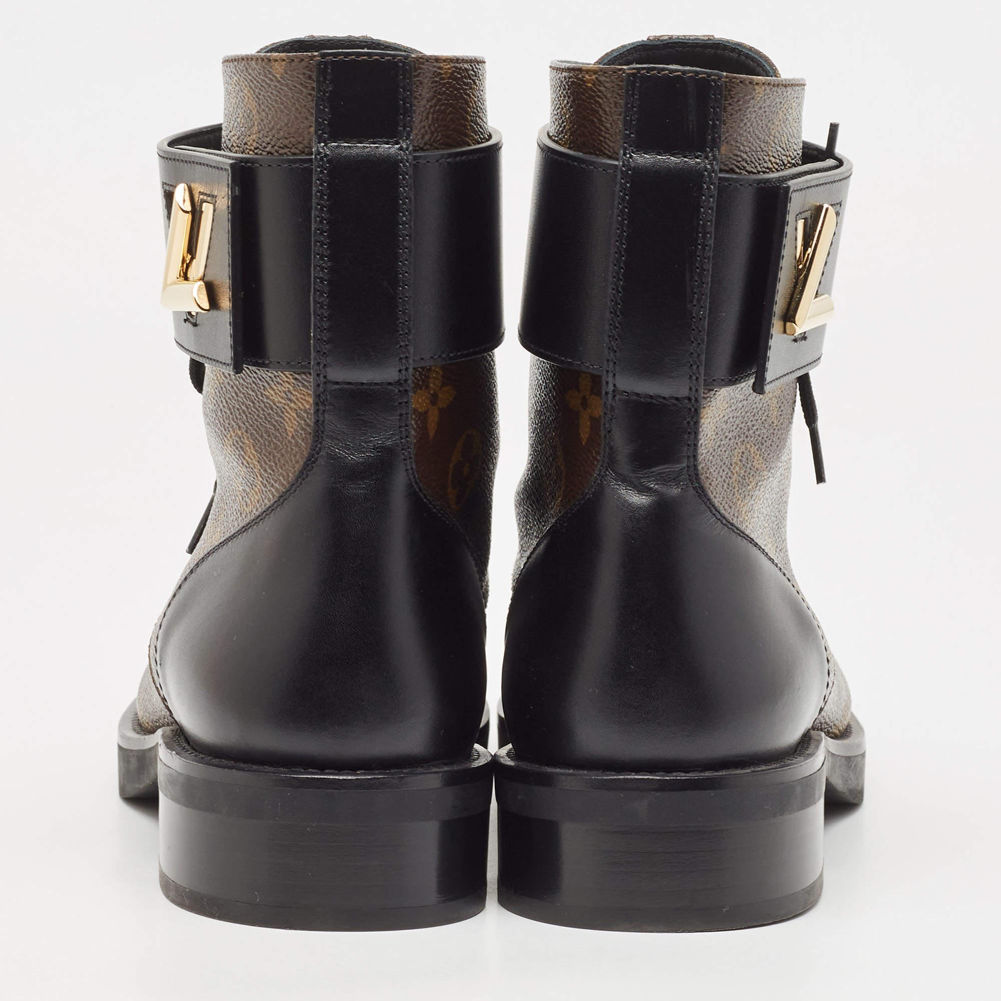 Women's Louis Vuitton Brown/Black Monogram Canvas and Leather Wonderland Flat Ranger Boo