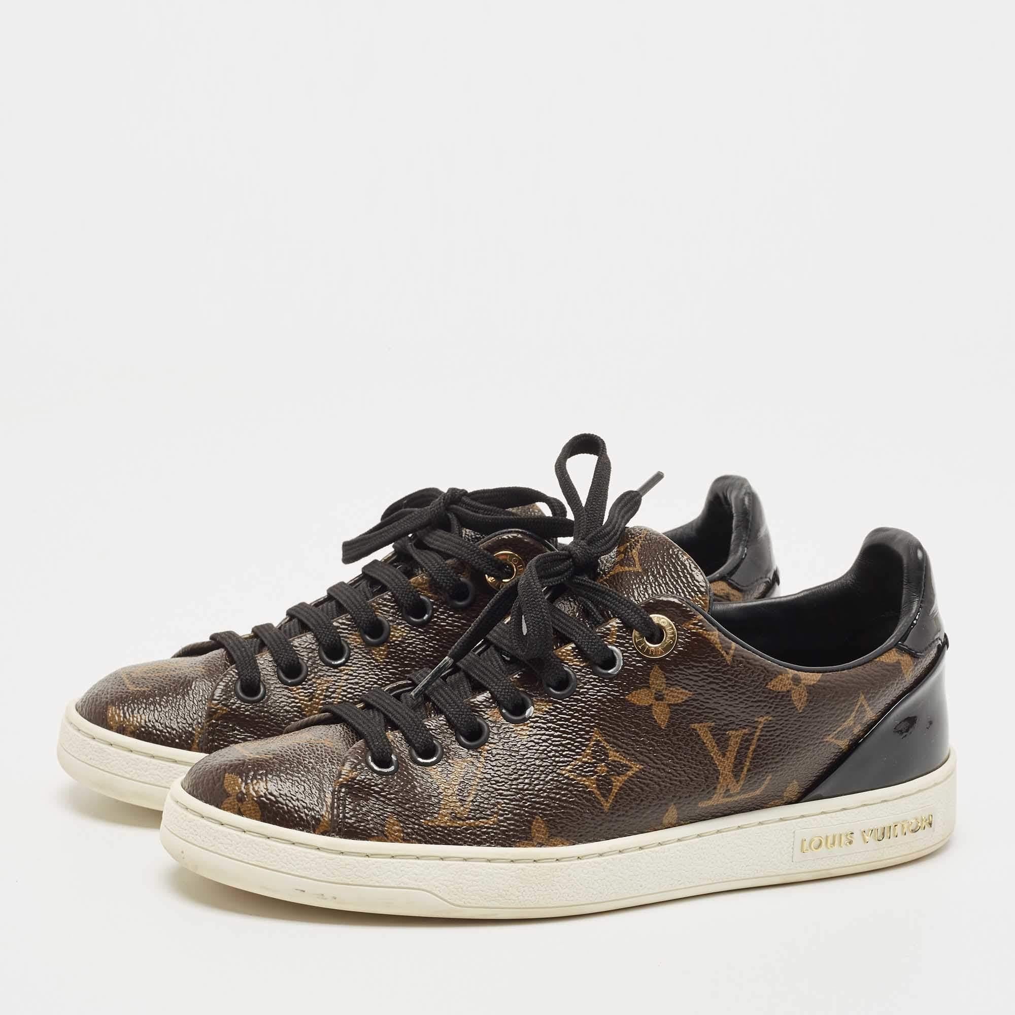 Louis Vuitton Brown/Black Monogram Canvas and Patent Leather Frontrow Sneakers For Sale 3