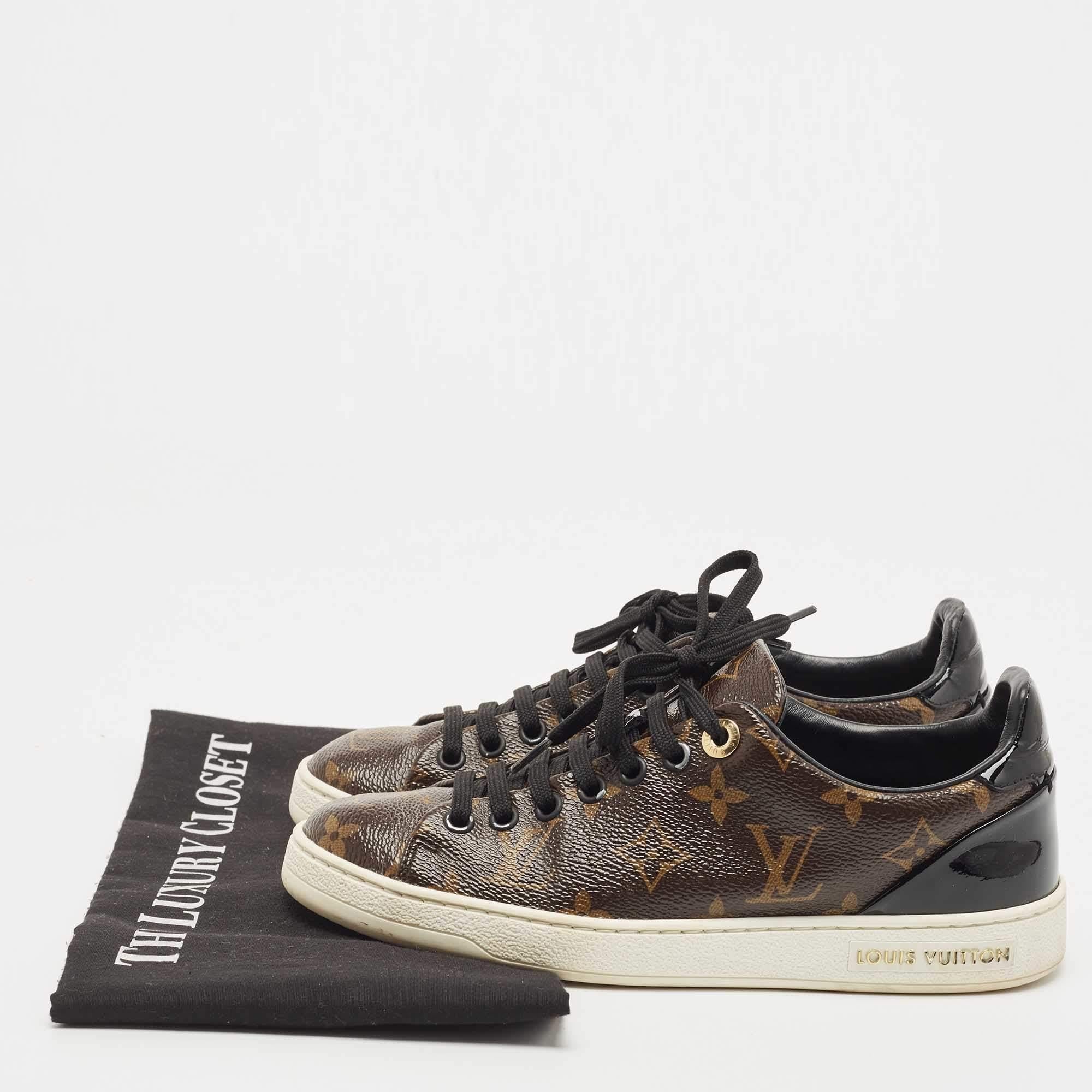 Louis Vuitton Brown/Black Monogram Canvas and Patent Leather Frontrow Sneakers For Sale 5