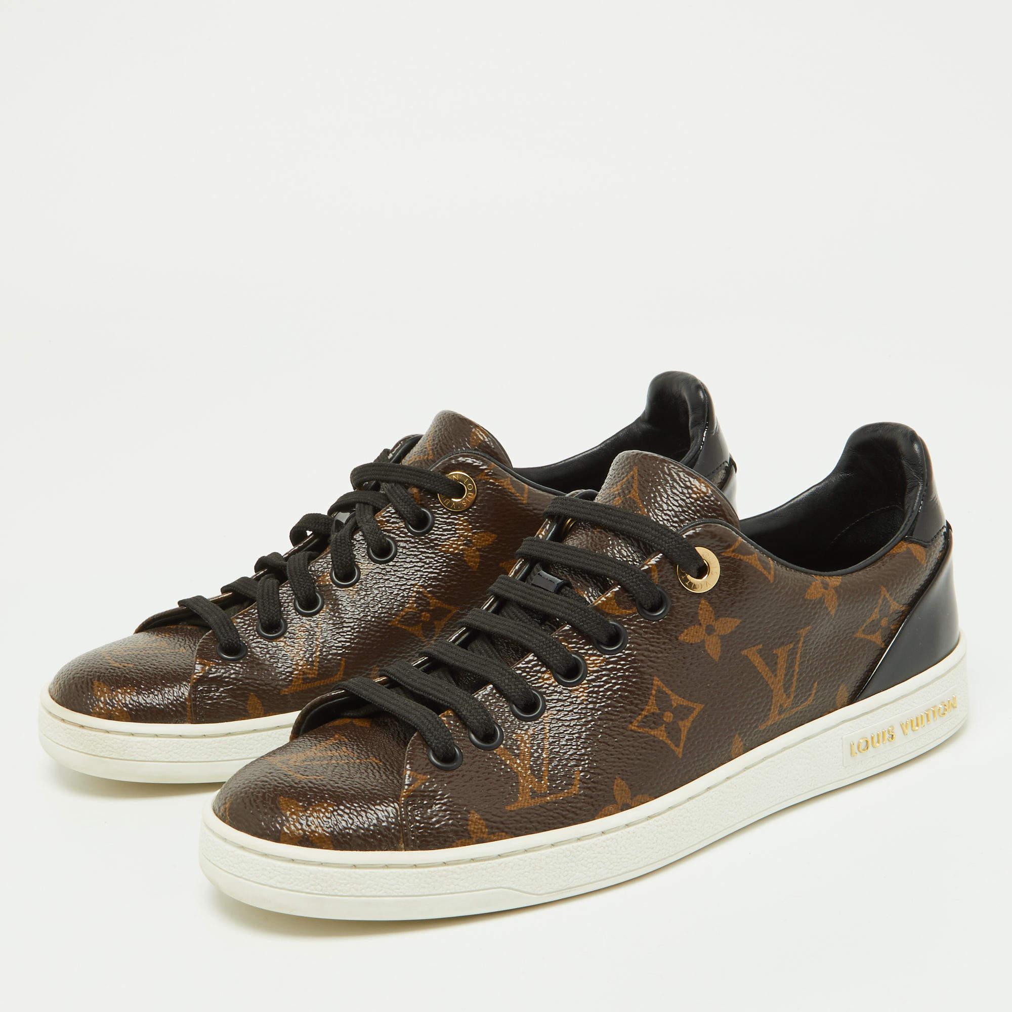 These Frontrow sneakers from Louis Vuitton are all you need to add an extra edge to your outfit. This pair has been crafted from Monogram canvas along with patent leather and styled with round toes, lace-ups and gold-tone logo details on the