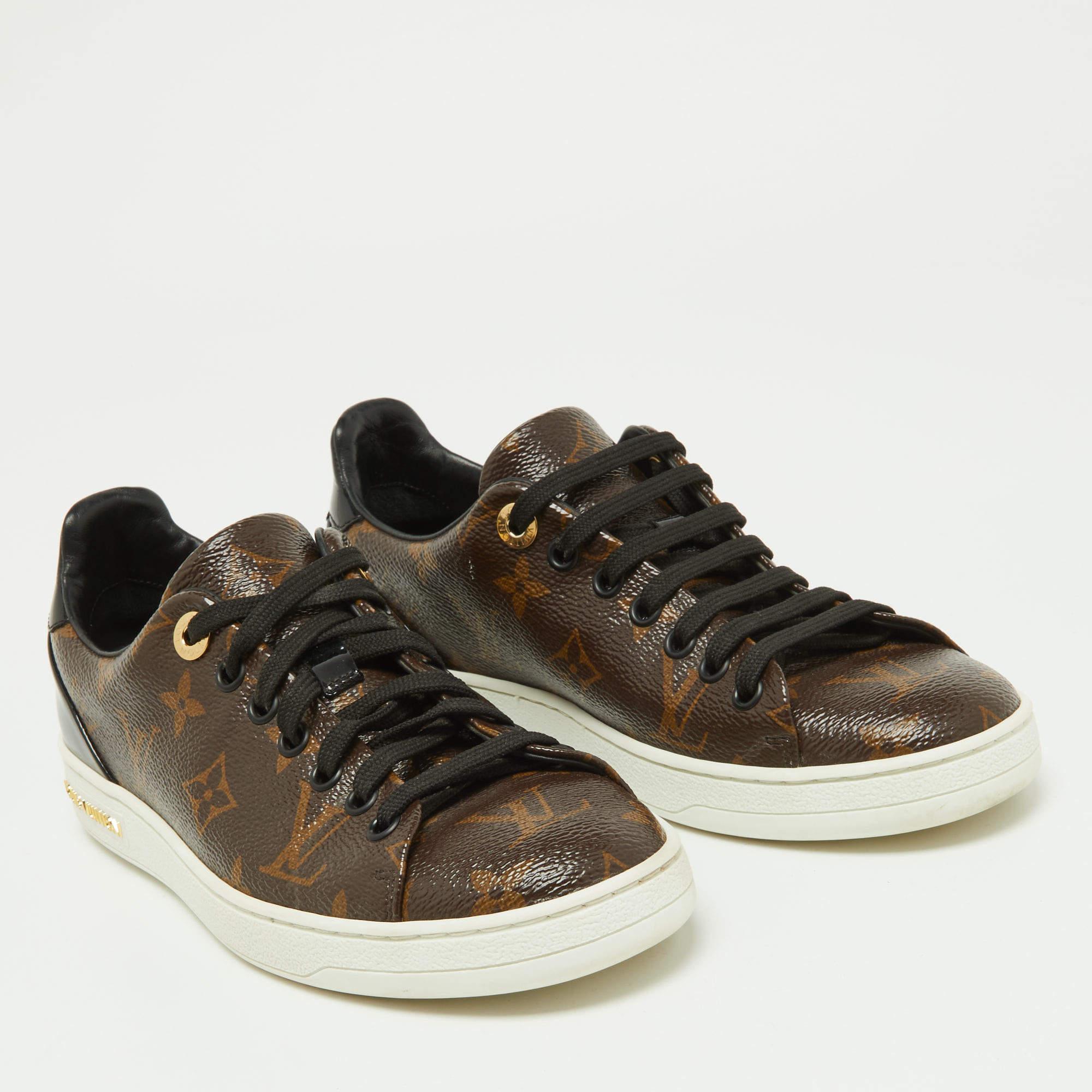Louis Vuitton Brown/Black Monogram Canvas and Patent Leather Frontrow Sneakers S In Good Condition In Dubai, Al Qouz 2