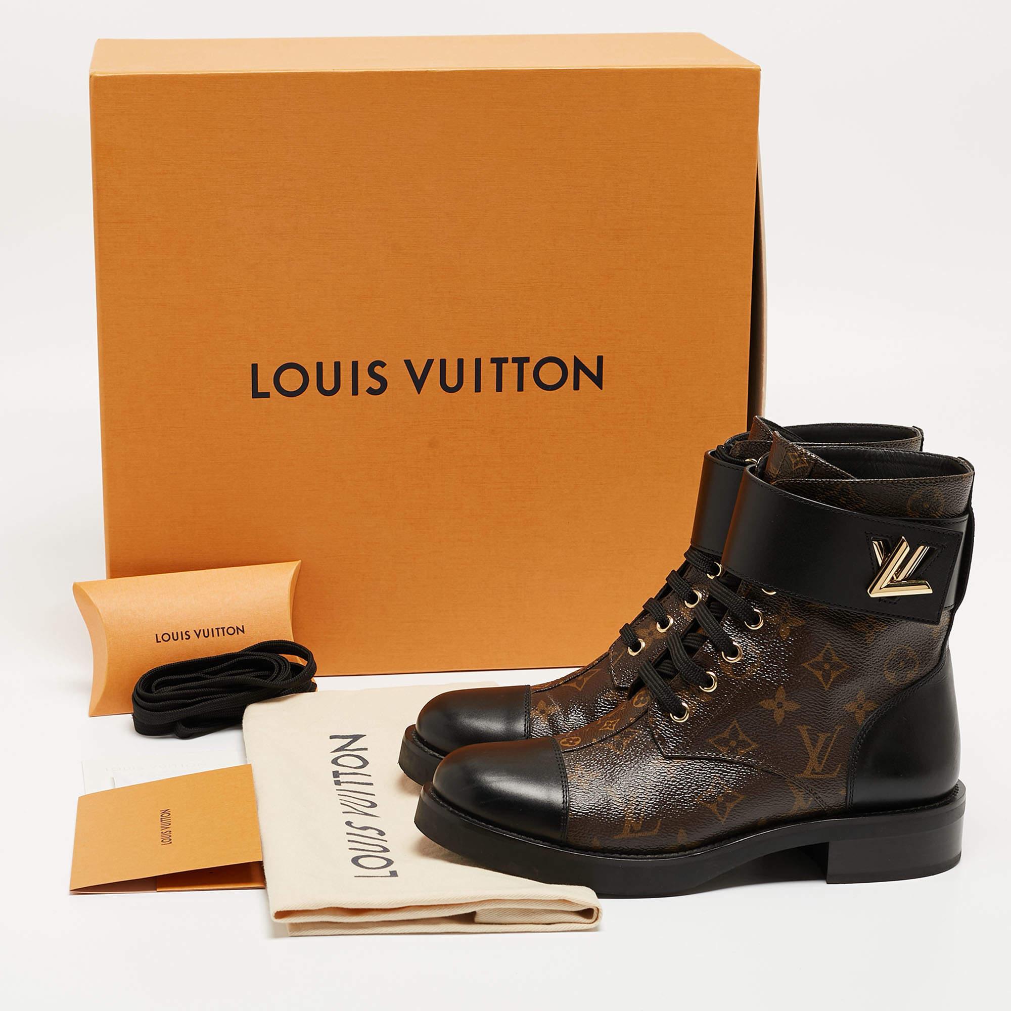Louis Vuitton Brown/Black Monogram Canvas Wonderland Ranger Boots Size 38.5 For Sale 4