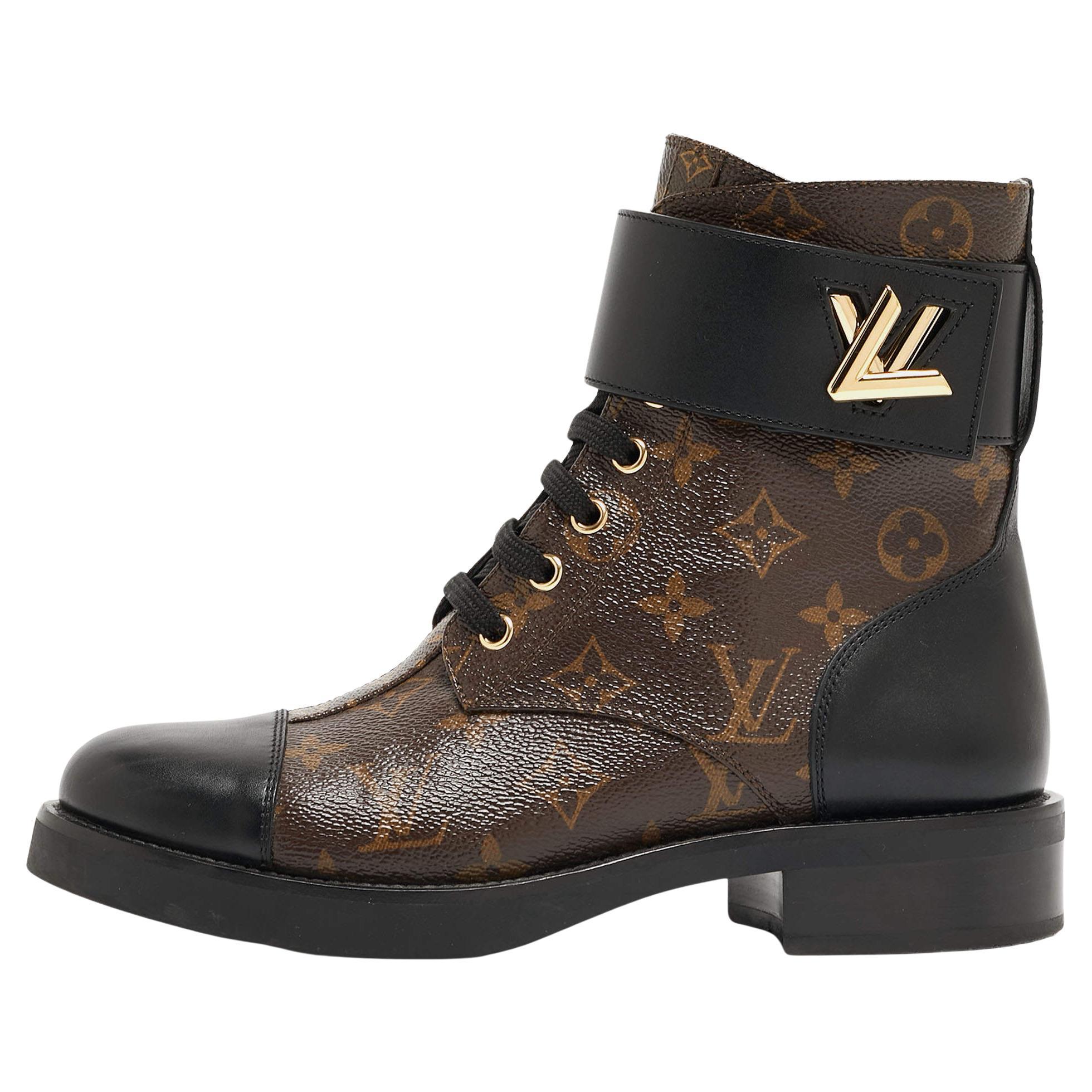 Louis Vuitton Brown/Black Monogram Canvas Wonderland Ranger Boots Size 38.5 For Sale