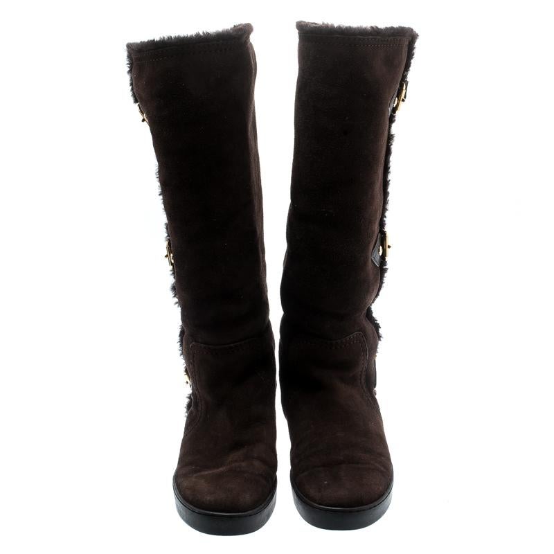 Black Louis Vuitton Brown Buckle Detail Shearling Lined Knee High Flat Boots Size 38.5