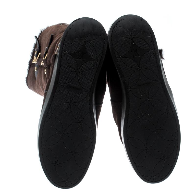 Women's Louis Vuitton Brown Buckle Detail Shearling Lined Knee High Flat Boots Size 38.5