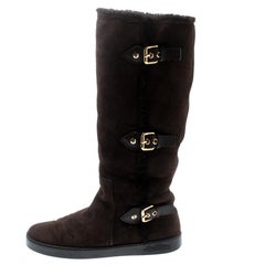 Louis Vuitton Brown Buckle Detail Shearling Lined Knee High Flat Boots Size 38.5