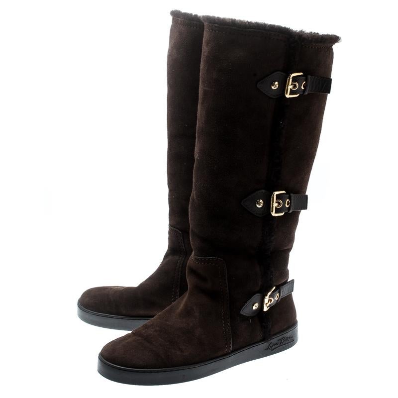 Louis Vuitton Brown Buckle Detail Shearling Lined Knee High Flat Boots Size 38.5 2