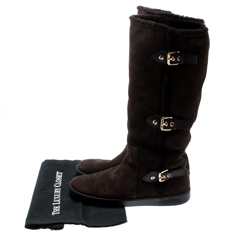Louis Vuitton Brown Buckle Detail Shearling Lined Knee High Flat Boots Size 38.5 3