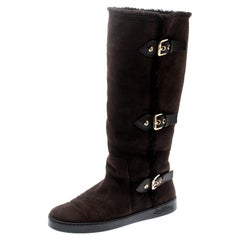 Louis Vuitton Brown Buckle Detail Shearling Lined Knee High Flat Boots Size 38.5