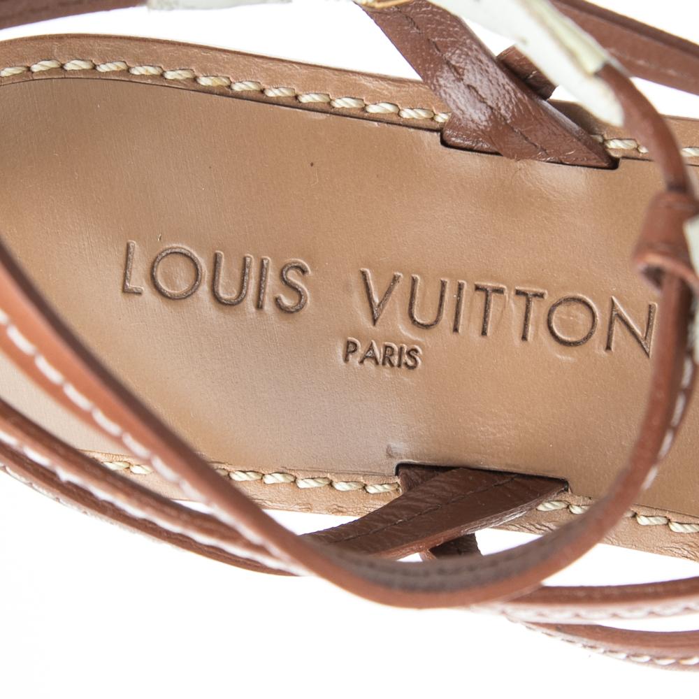 Louis Vuitton Brown/Cream Leather Fleurus Gladiator Flat Sandals Size 39 In Excellent Condition In Dubai, Al Qouz 2