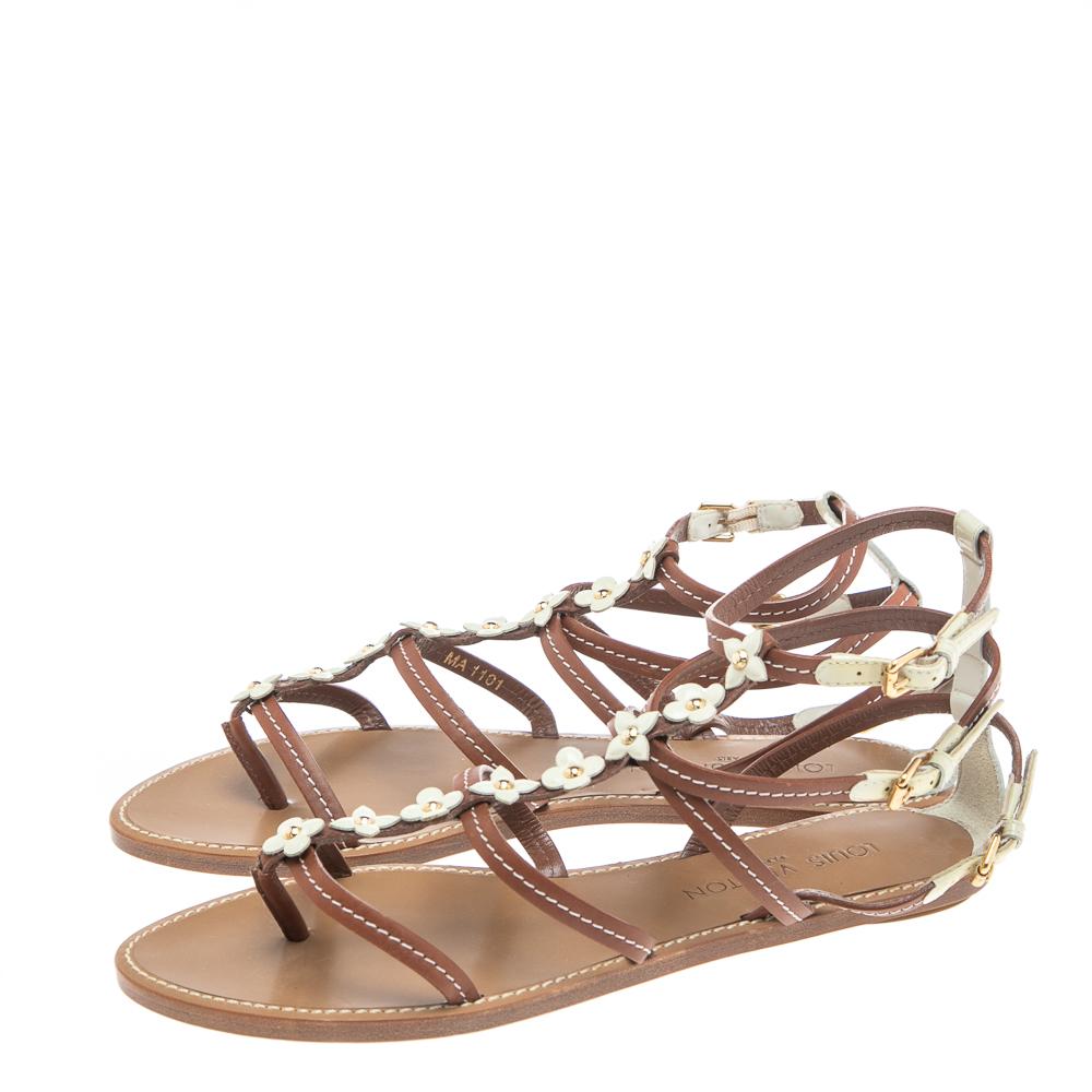 Women's Louis Vuitton Brown/Cream Leather Fleurus Gladiator Flat Sandals Size 39