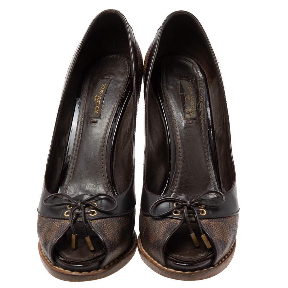 Louis Vuitton Brown Damier Azur Canvas And Patent Leather Peep Toe Pumps Size 38 1
