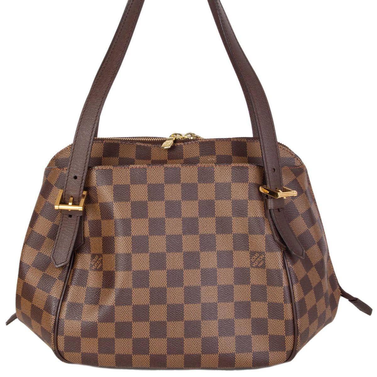 Louis Vuitton 'Belem MM' shoulder bag in ebene damier canvas featuring two outside slip pickets. Opens with a zipper on top and is lined in red canvas with one open pocket against the back. D-ring on the side. Has been carried and is in virtually