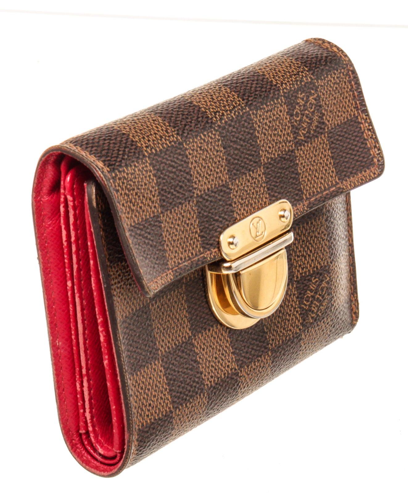 Louis Vuitton Brown Damier Canvas Joey Wallet with damier canvas, gold-tone hardware, embossed logo at front corner, interior zip pocket featuring dual slit pockets, single interior bill compartment, multiple slit pockets at interior walls and