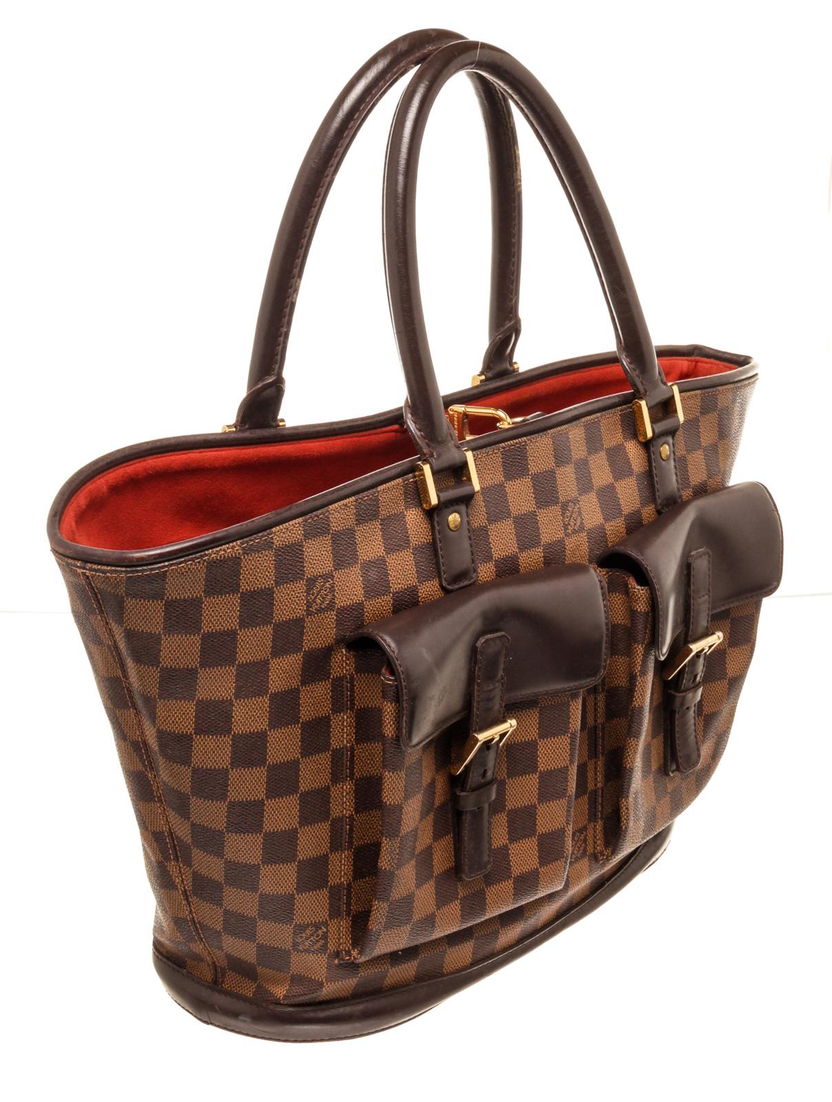 Louis Vuitton Brown Damier Canvas Manosque GM Tote Bag with material damier canvas, brass hardware, brown leather accents, dual Toron rolled handles, double exterior pockets with buckle closure, Alcantara lining, dual zip pockets at interior walls